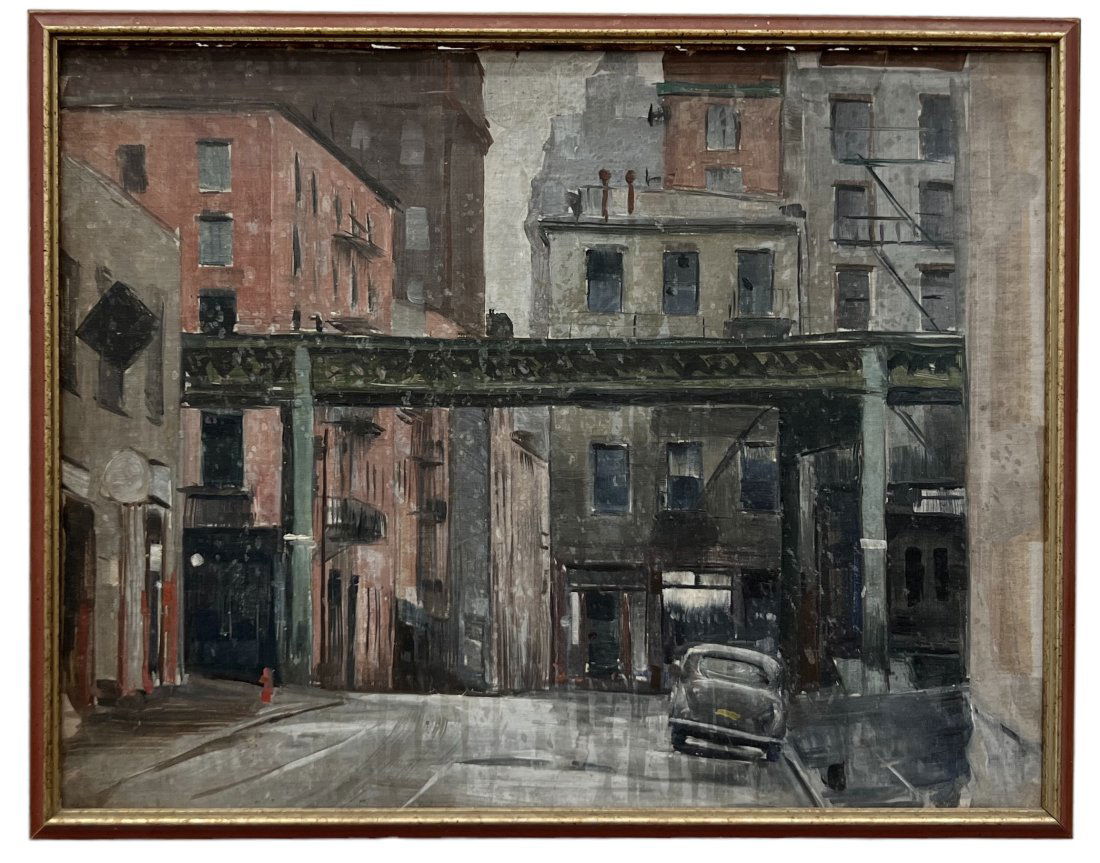 TORE ASPLUND (1903-1978, American) New York City Street Scene: Oil on board 18 x 14 in. Tore Asplund was brought to the United States when he was a year old. He studied in New York at the Art Students League, the Academy school, and the Grand Central Art School.