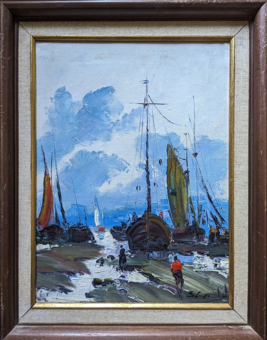Haitian School Impressionist Harbor Scene Signed Illegibly: Oil on canvas 16 x 12 in