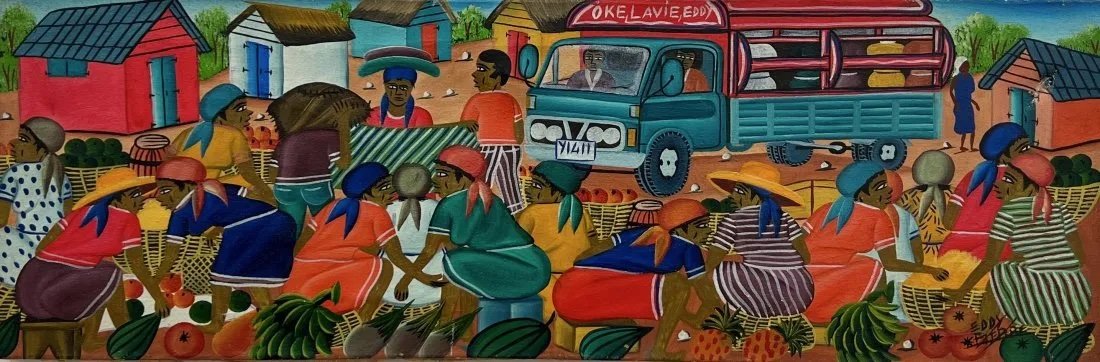 EDDY PIERRE (20th c, Haiti) Village Scene: Oil on canvas 24 x 8 in