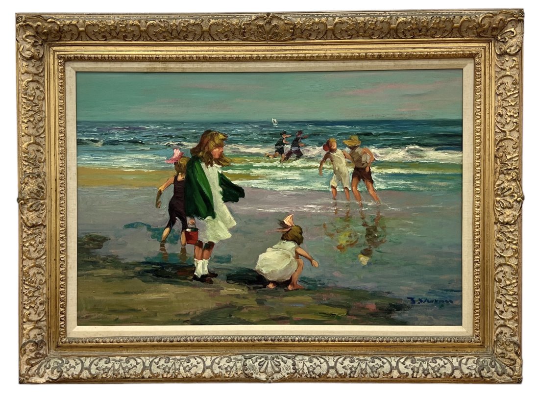 Jacques Deveau, French Impressionist Beach Scene: Painted in 1994. Oil on canvas 36 x 24 in, 46 x 34 in (framed)