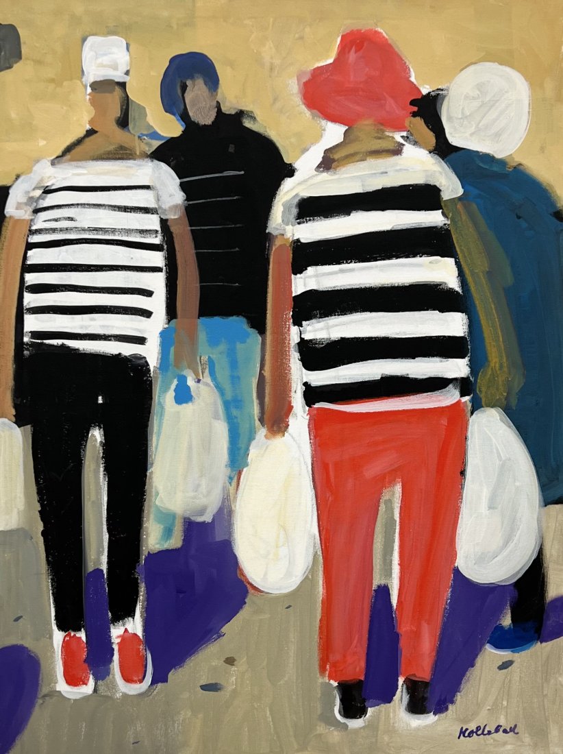 Contemporary Street Scene Of Figures, Signed: Oil on canvas 40 x 30 in