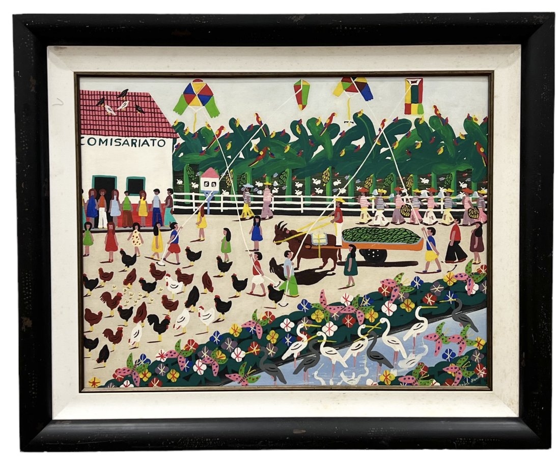 PEDRO MENDOZA Latin American Caribbean Folk Art Painting: Oil on board 30 x 24 in, 38 x 31 in (framed)