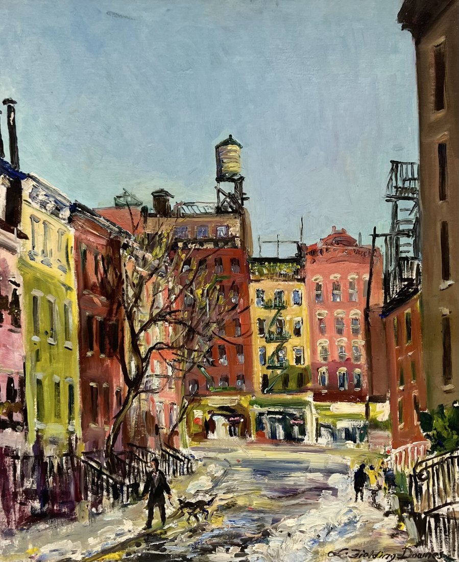 LIONEL FIELDING DOWNES (1900-1971, Canada) Street Scene, Montreal?: Oil on board 24 x 20 in. A Canadian painter and war artist, Lionel Fielding Downes (aka: Lionel Fielding-Downes) was born in Wigan, Lancashire, England; immigrated to Winnipeg, Manitoba with his famil