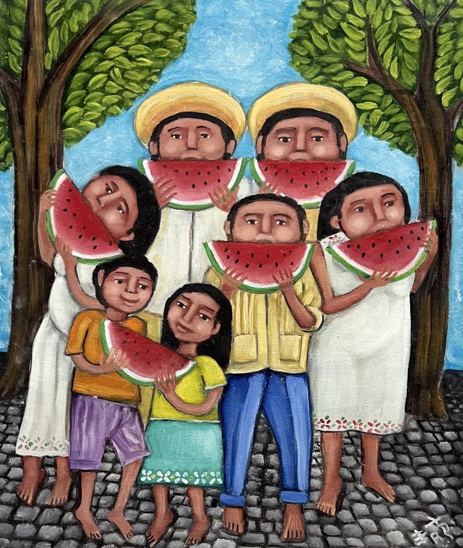Mexican Folk Art Painting, Signed: oil on canvas 16 x 13 in