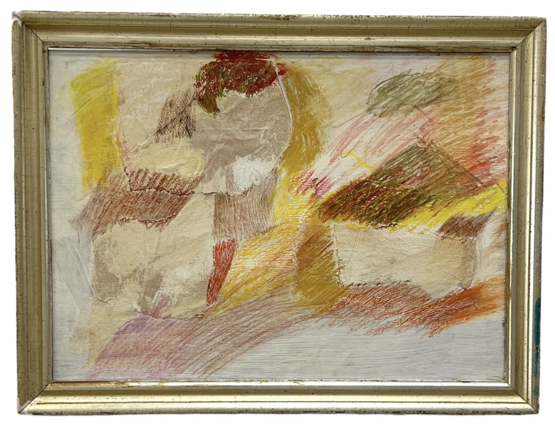 Mid-Century Modern Abstract Painting: Oil and collage on masonite 22 x 16 in, 25 x 19 in (framed)