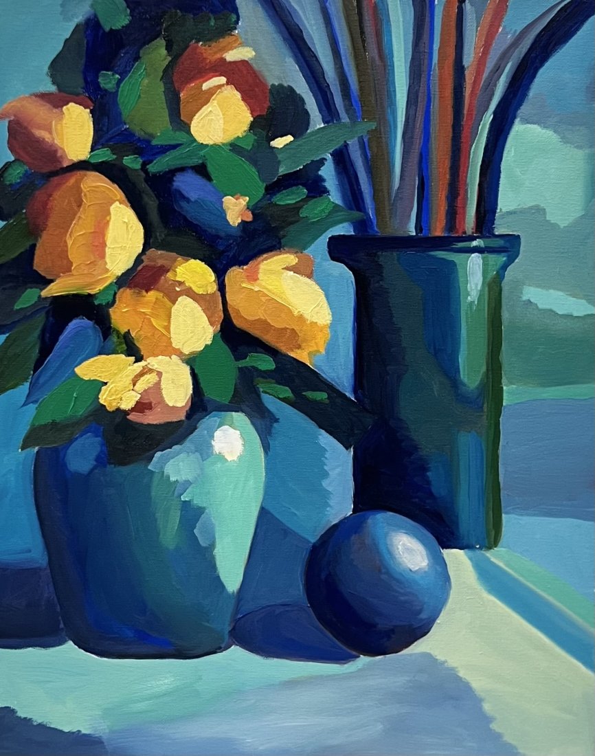 Modernist Still Life Of Flowers, Unsigned: Oil on canvas 20 x 16 in