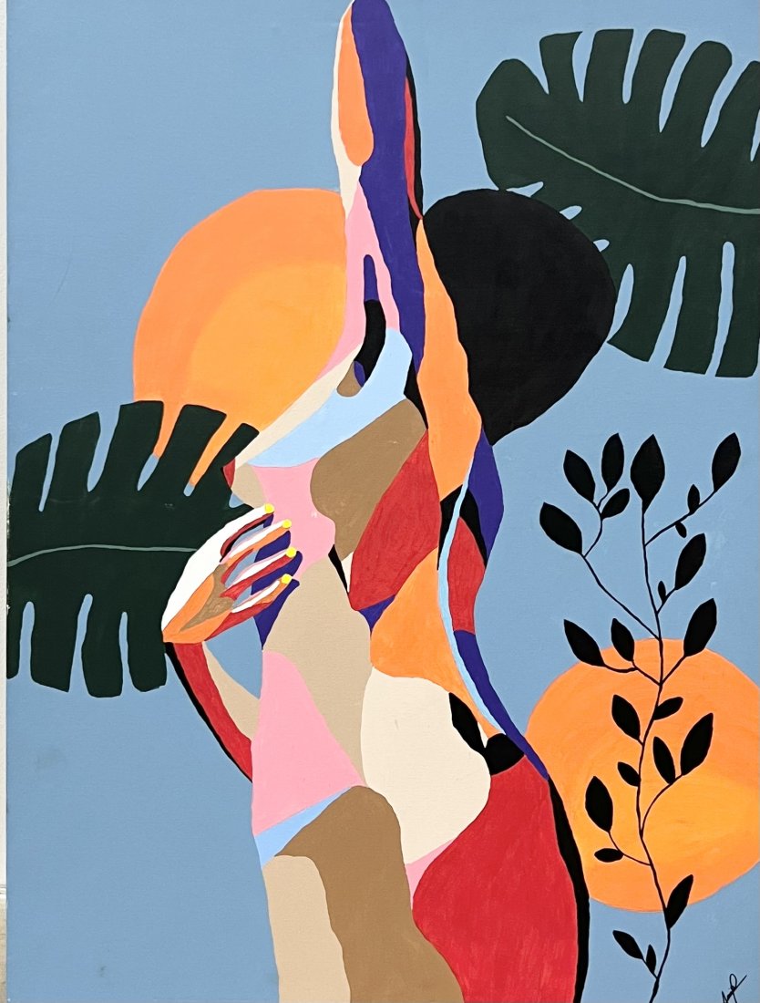 Modernist Nude Hard Edge Abstract Painting Signed: Acrylic on canvas 40 x 30 in