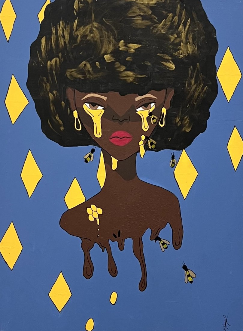 Black Art Afrocentric Surrealist Painting, Signed: Acrylic in canvas 40 x 30 in