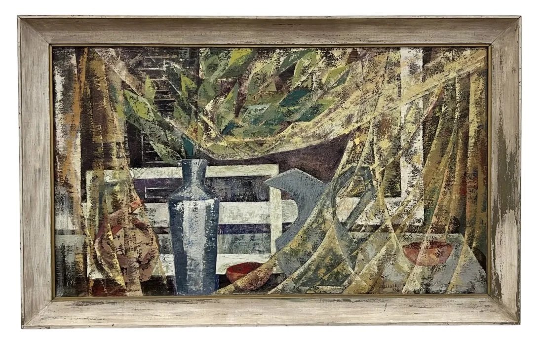Large 1950's Cubist Still Life Artist Signed: Oil on canvas 48 x 28 in, 54 x 34 in (framed)