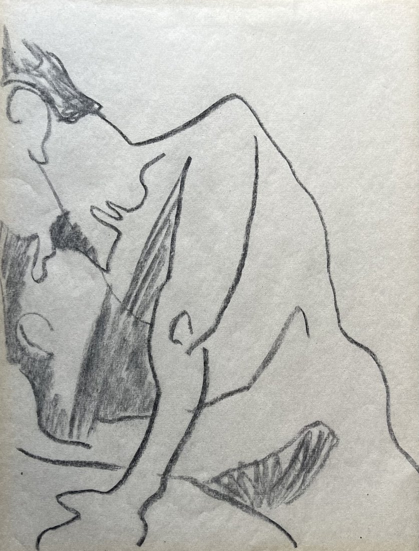 ELIZABETH BLUMENTHAL (20th c, American) Vintage Modern Male Nude Drawing: 24 x 18 in