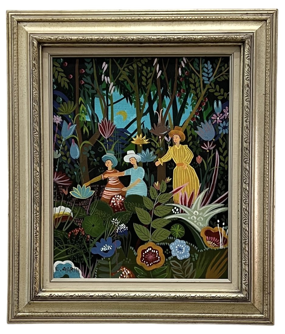 Vintage Folk Art Painting, Style Of Henri Rousseau: Oil on canvas 20 x 16 in, 27.5 x 23.5 in