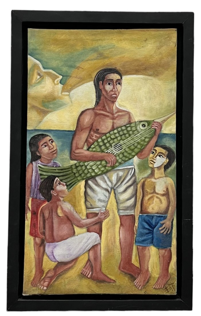Mexican Folk Art Painting, Signed: Oil on canvas 18.5 x 10.5 in, 21 x 13 in