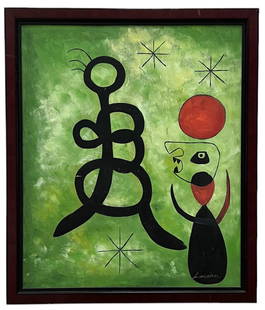 After Joan Miro, Oil On Canvas Painting: Oil on canvas 27.5 x 23 .5 in (framed)