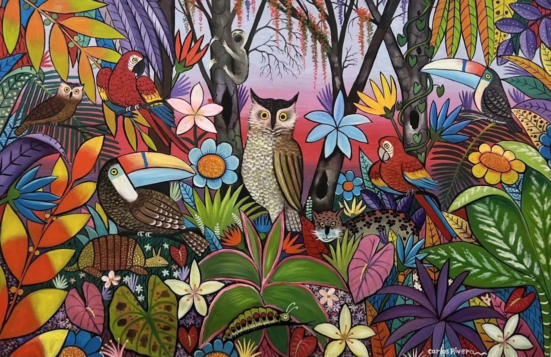 CARLOS RIVERO (20th c, Venezuela) Large Jungle Painting: Acrylic on canvas 59 x 39 in