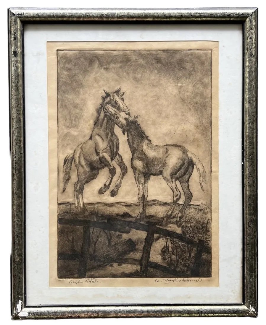 Vintage Equestrian Etching, Pencil Signed, Horses: 14 1/4 x 9 3/4 in, 19 1/2 x 15 1/2 in (framed)