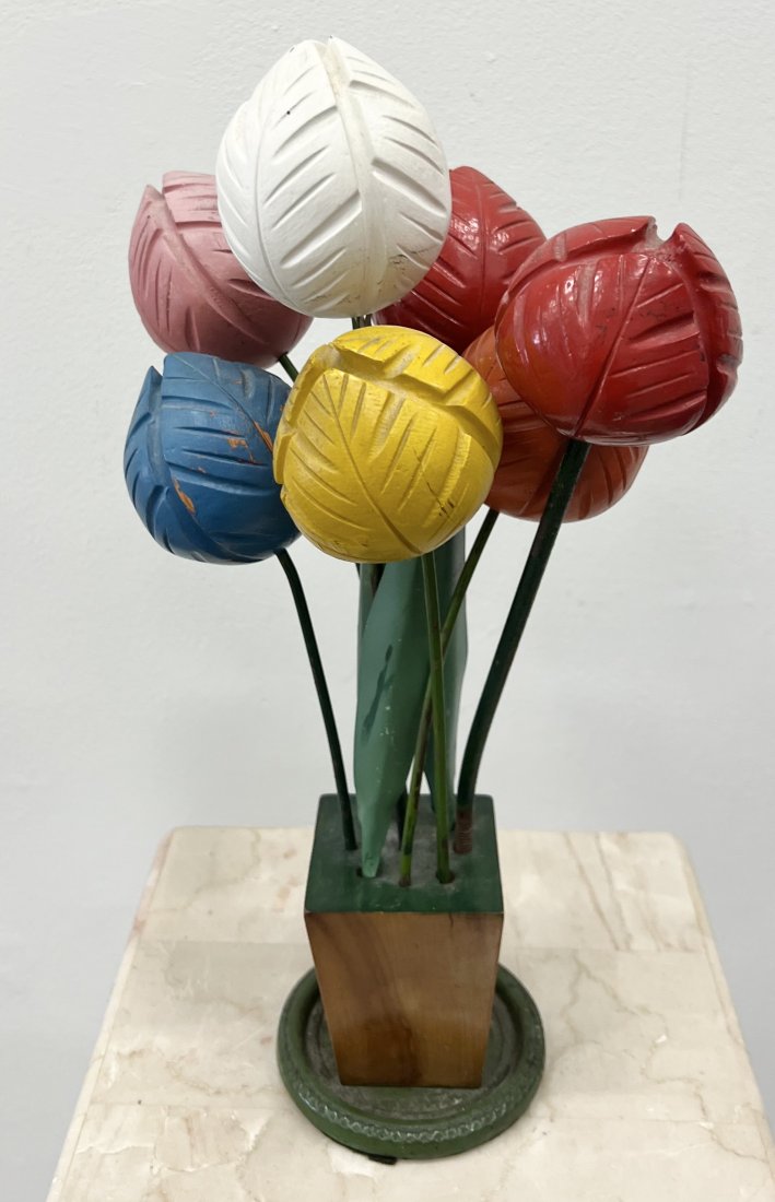 Hand Painted Folk Art Wooden Flower Sculpture: 15 x 9 x 7 in