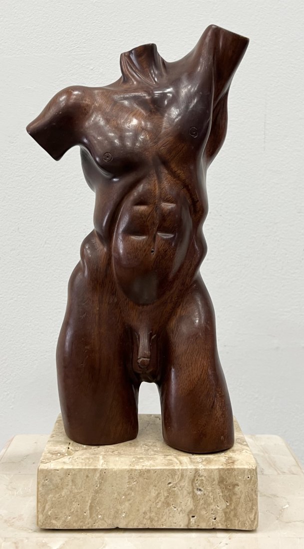 Vintage Carved Wooden Male Nude Sculpture: 13 x 5.5 x 4 in
