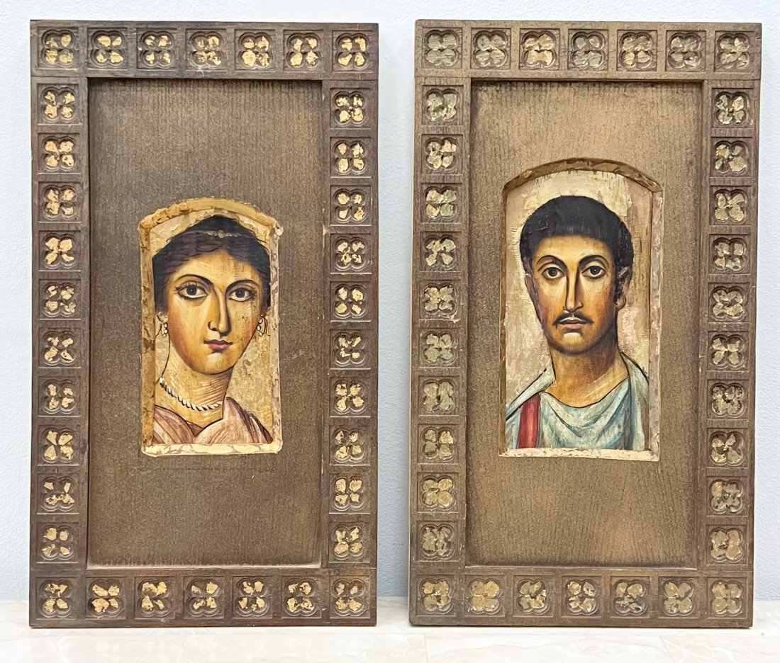 Pair Of Egyptian Revival Portrait Paintings: 18.5 x 10.5 in (framed)