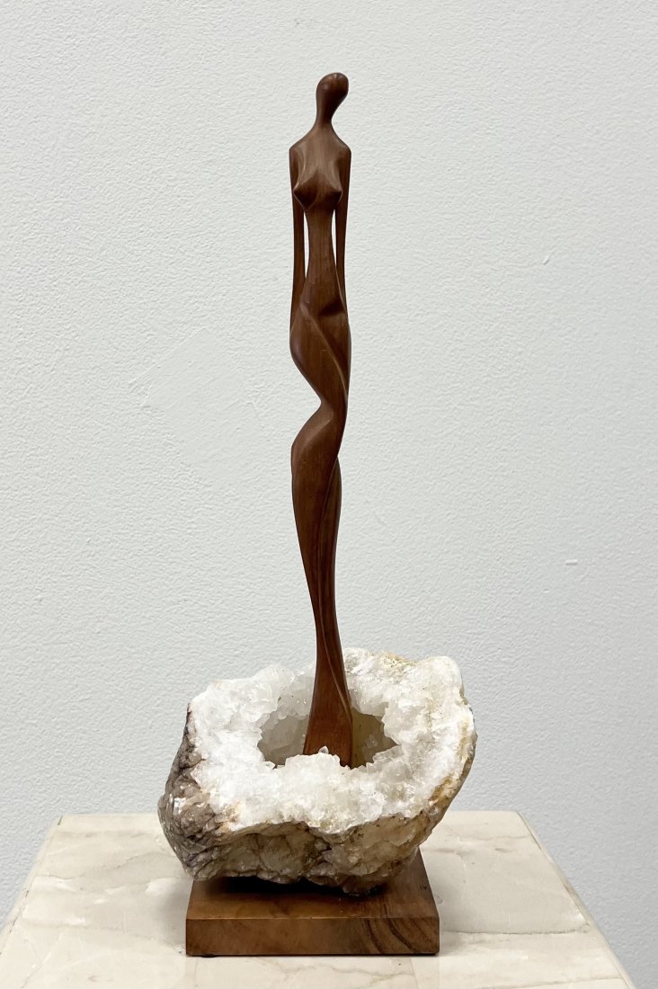 Modernist Wooden Sculpture Stone Base: 14.5 x 4 x 4 in