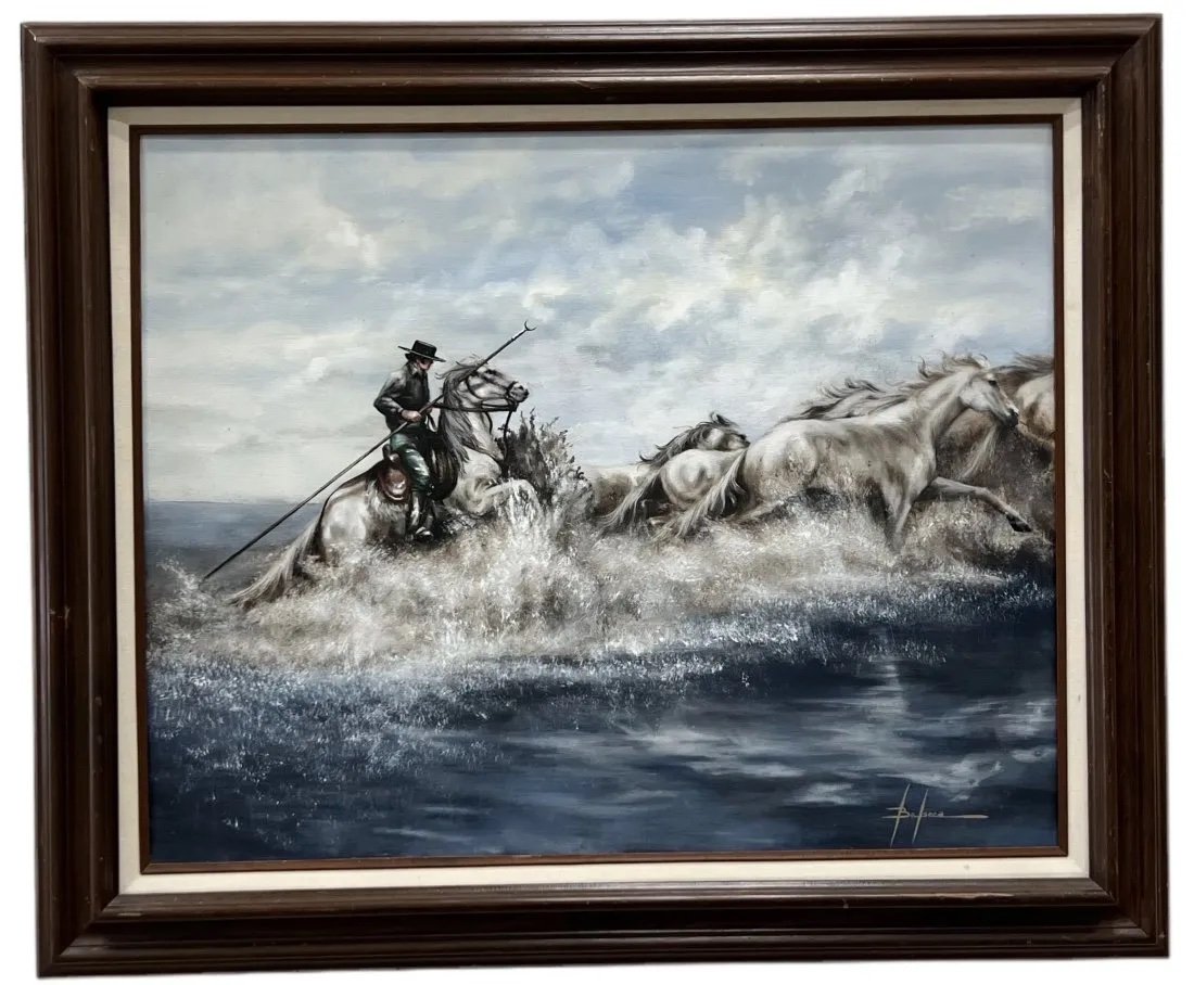 Vintage Painting Of A Horse Herder, Signed: Oil on canvas 30 x 24 in, 37 x 31 in (framed)