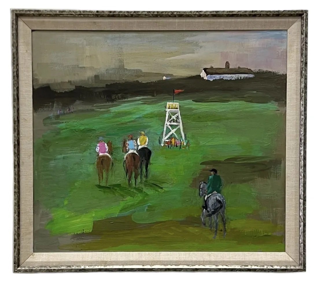 Impressionist Polo Scene Painting Jockeys On Horses, Unsigned: Oil on board 25 x 22 in (framed)