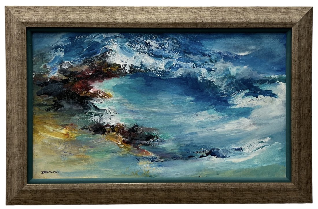 SUE ZINKOWSKI (20th c, Puerto Rico) Nautical Abstract: Acrylic on board 30.5 x 23 in (framed)