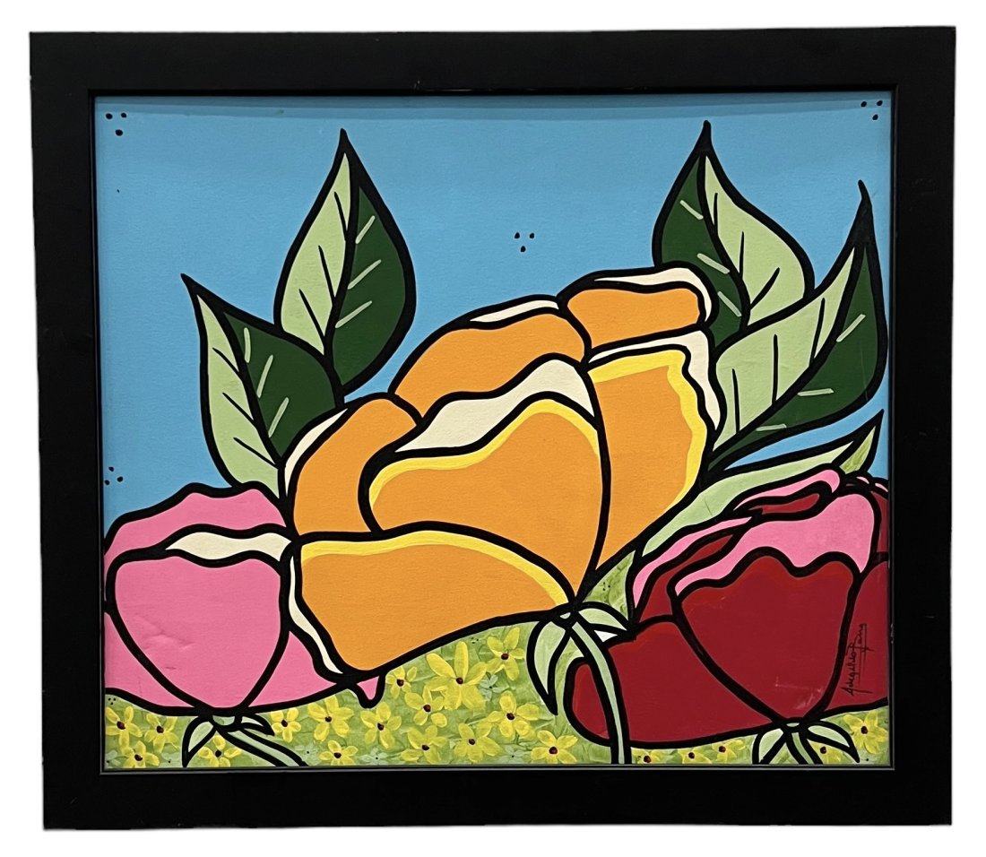 Colorful Hard Edge Floral Painting, Signed: Acrylic on board 20 x 20 in