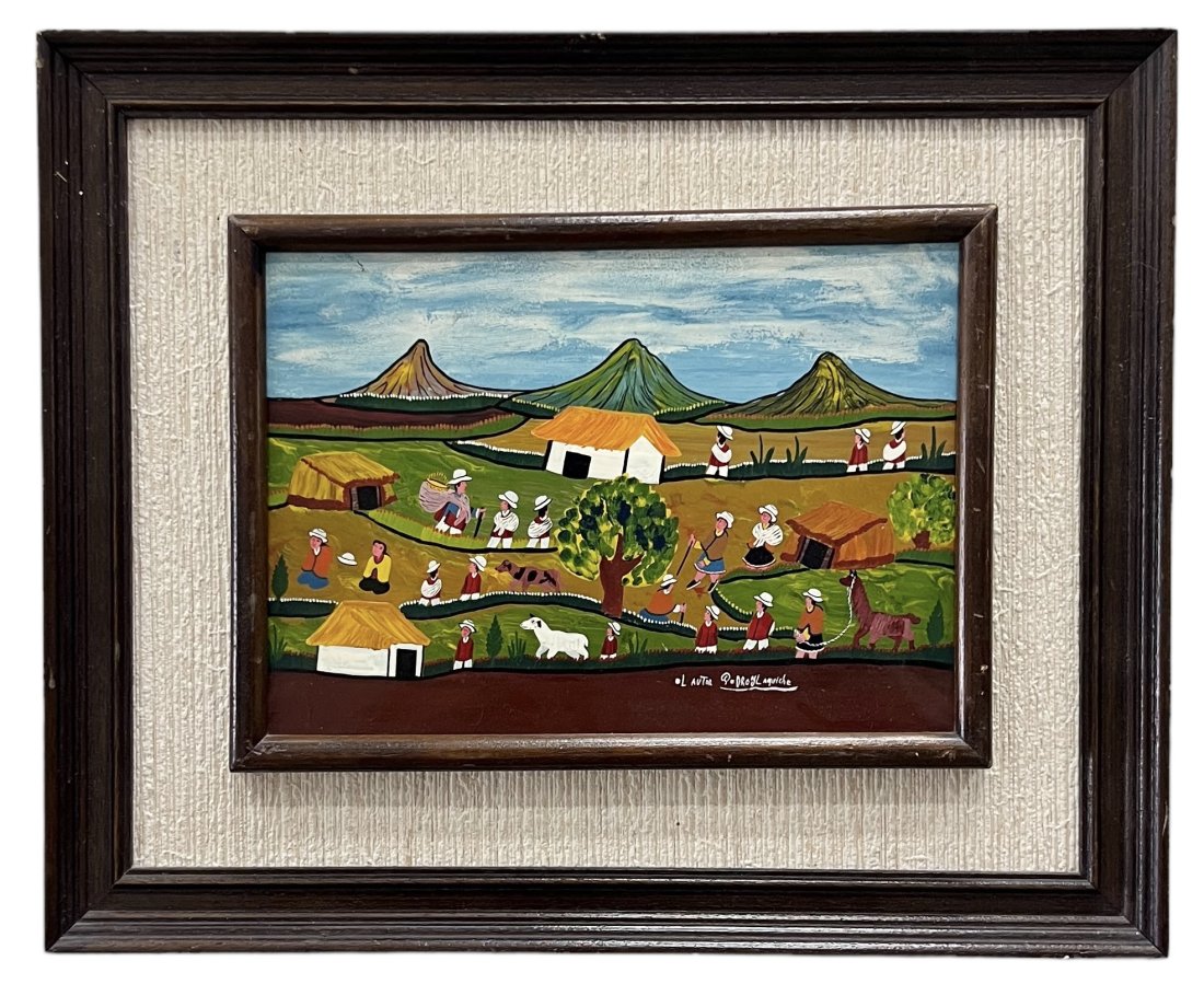 Vintage Ecuadorian Folk Art Painting, Signed: Oil on cowhide 10 x 7 in, 15 x 12.5 in (framed)