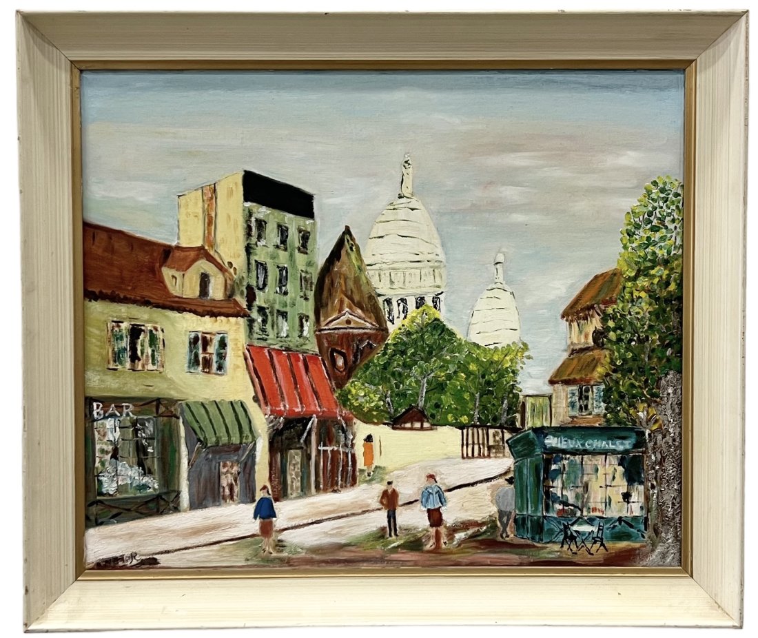 Vintage Paris Street Scene Montmartre, Signed: Oil on board 27.5 x 23.5 in (framed)