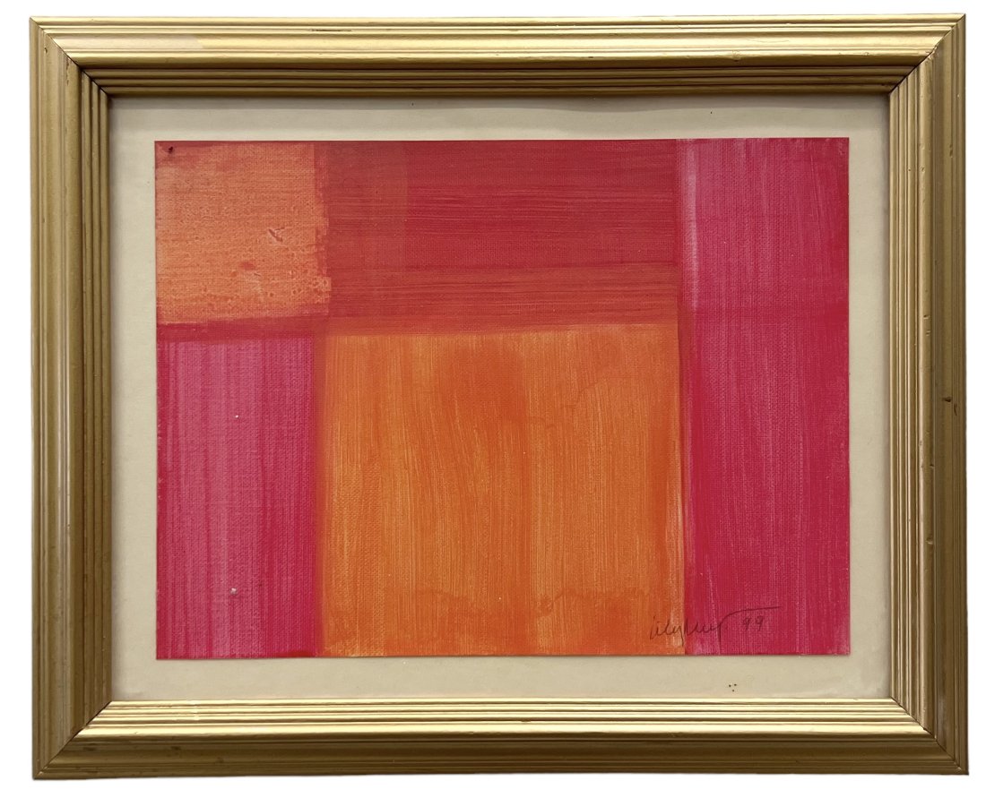 Vintage 1990's Abstract Painting, Signed: Mixed media on laid canvas paper 12 x 9 in, 16.5 x 13.5 in (framed)