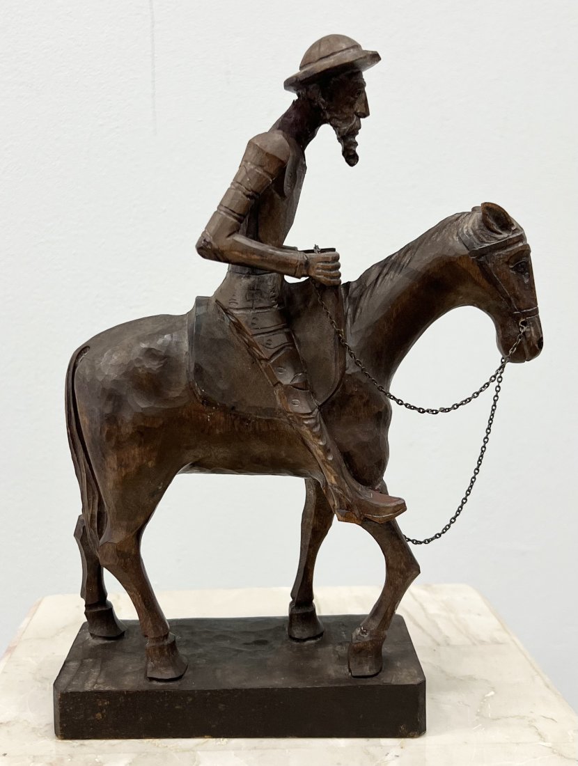 Vintage Carved Wooden Don Quixote Sculpture, Writing On Base: 10.5 x 7 x 3 in