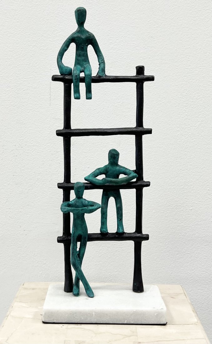 Contemporary Aluminum Sculpture Figures On A Ladder: 16 x 6 x 4 in