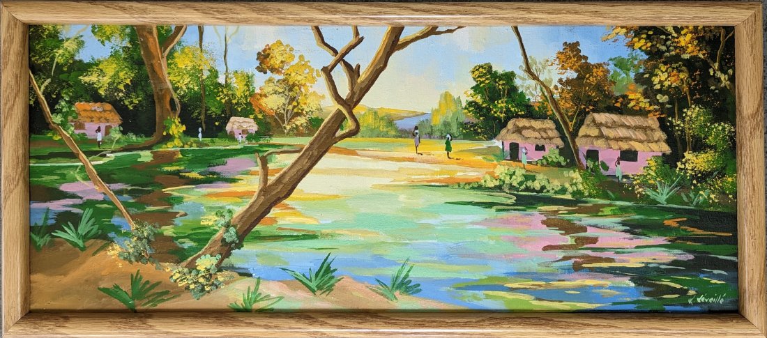 L. LEVEILLE (20th c, Haiti) Landscape: Oil on canvas 24 x 10 in