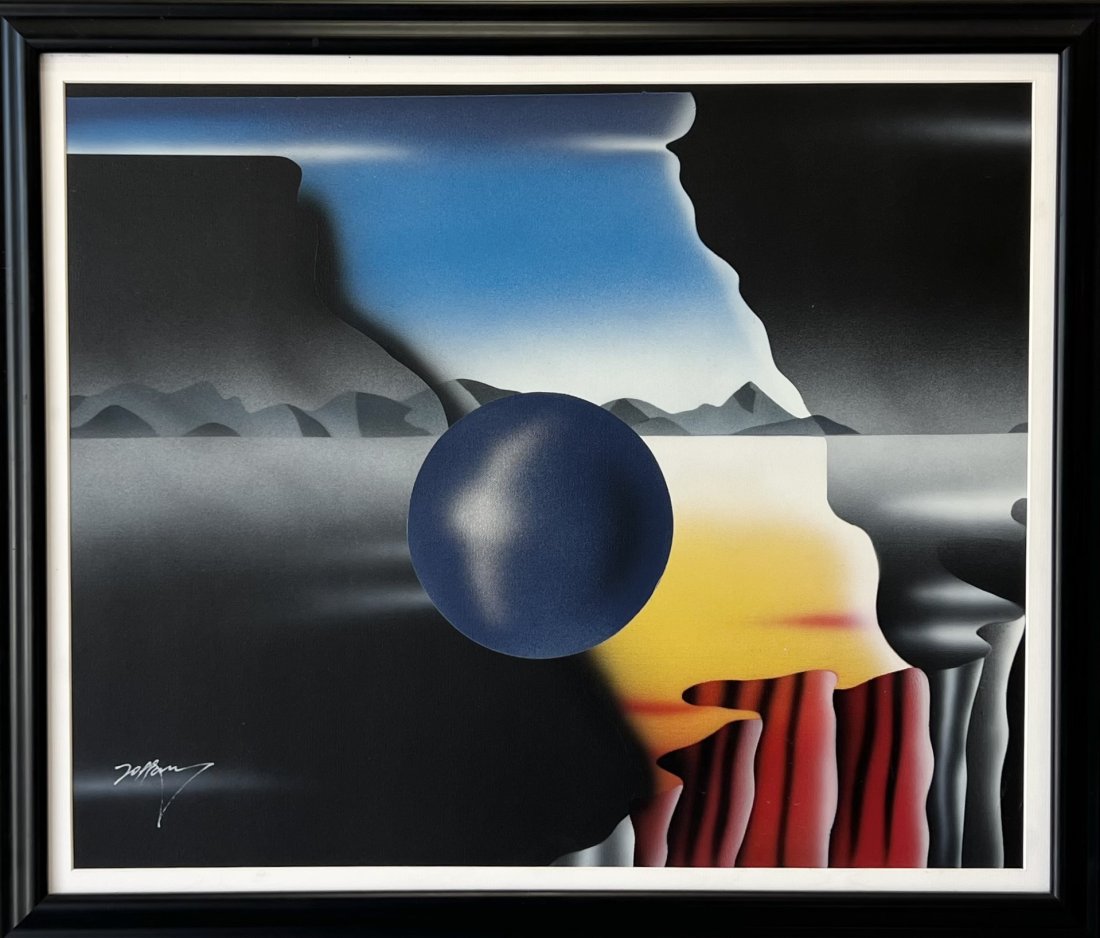 Post Modern Surrealist Landscape, Signed: Acrylic on board 26 x 22 in (framed)