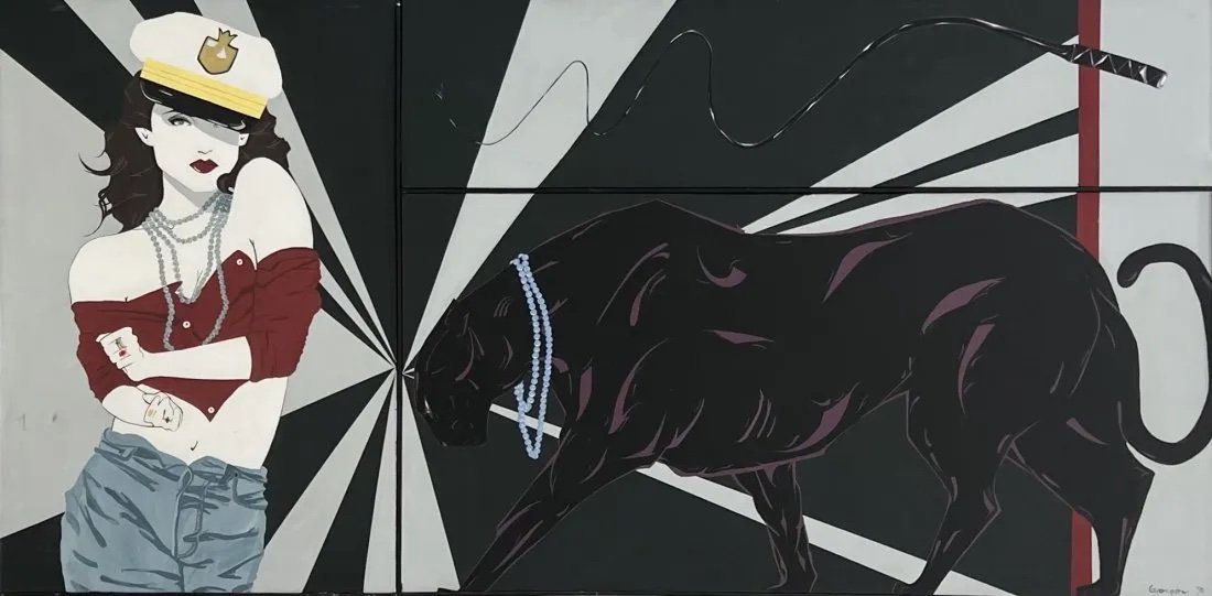 BILL GEORGIOU (20th c, Greek American) Monumental Art Deco Painting: Style of Patrick Nagel. Oil on canvas 76 x 36.5 in