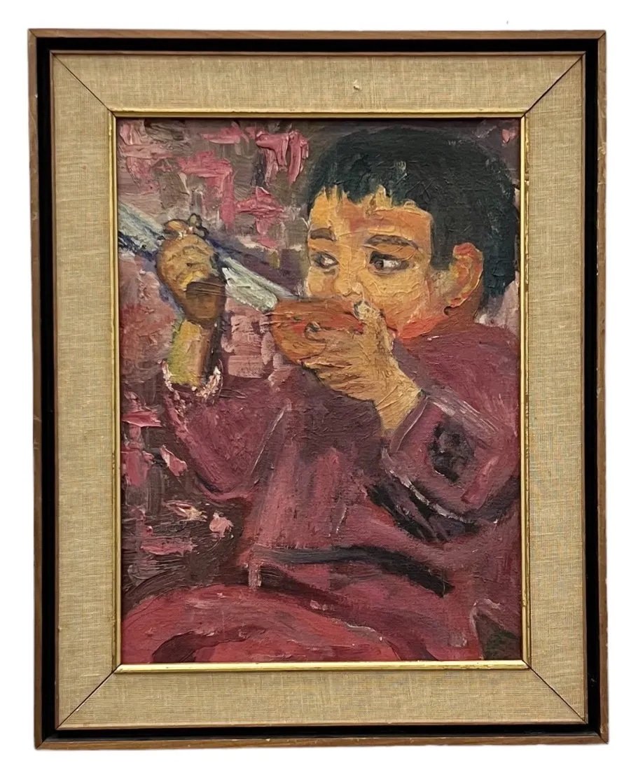 Chinese Expressionist Painting Of A Young Boy, Signed Illegibly: Oil on board 12 x 16 in