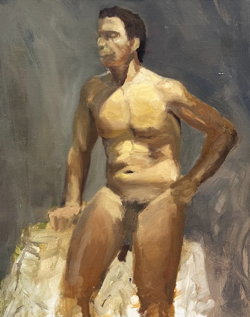 Vintage Impressionist Male Nude Portrait Painting: Oil on canvas 20 x 16 in