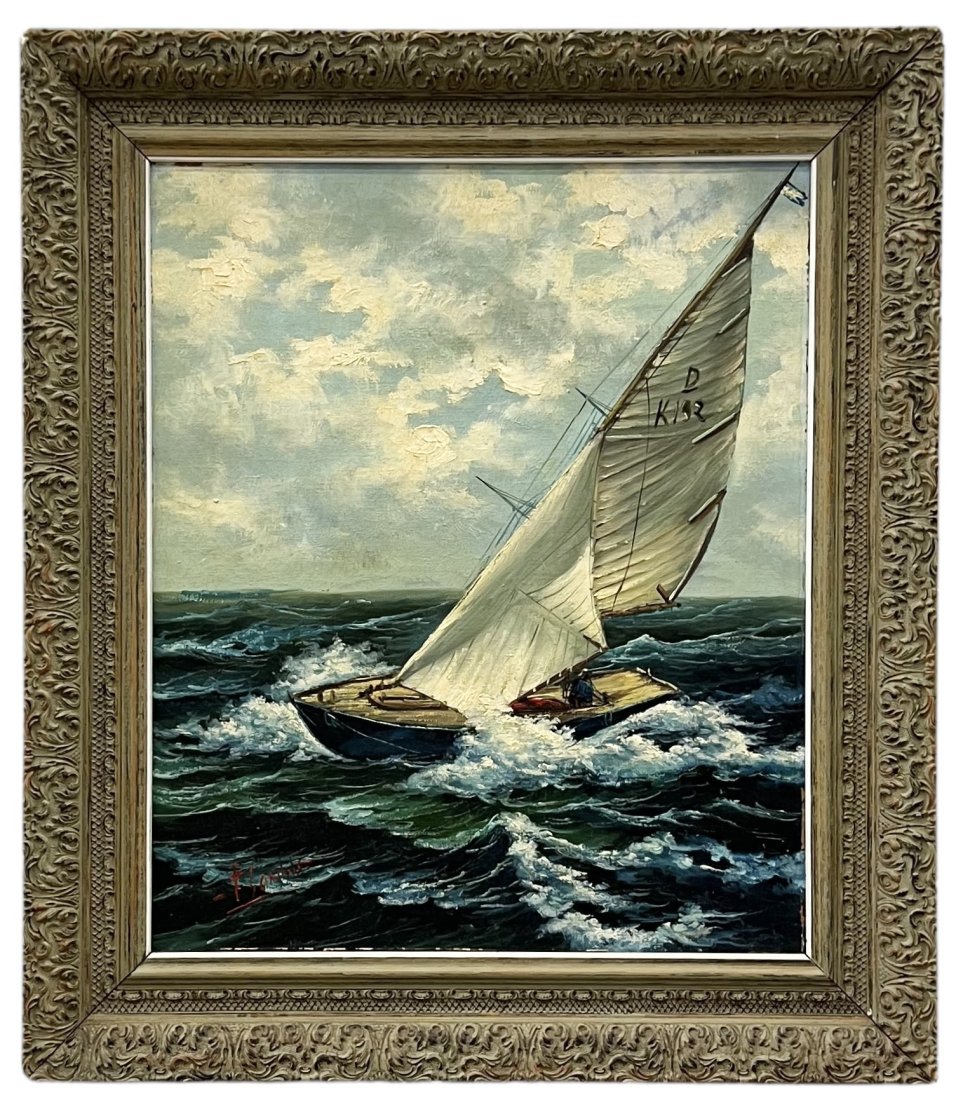 Impressionist Nautical Seascape With Sailboat, Signed: Oil on board 22 x 18 in, 28 x 24 in (framed)