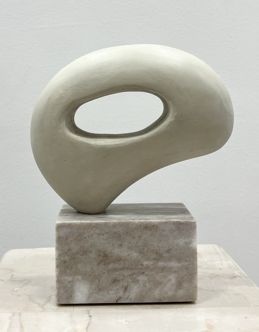 Modernist Wood Sculpture On Marble Base: 8.5 x 7 x 3 in
