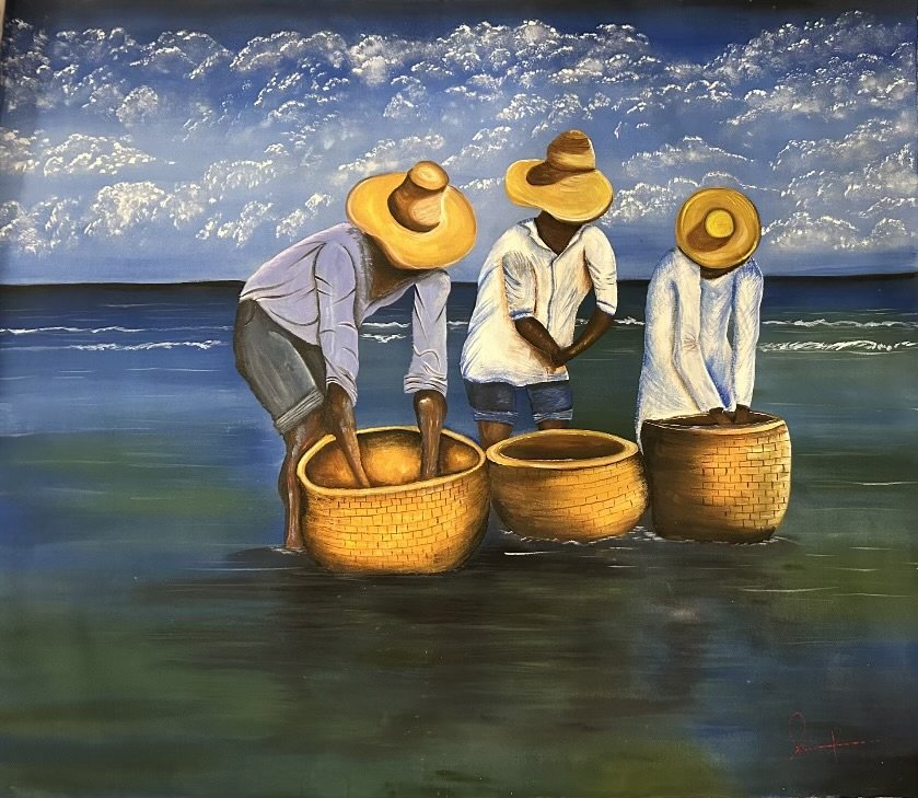 Large Dominican Shellfish Gatherers Painting, Signed: Oil on canvas 33x38 in, unstretched