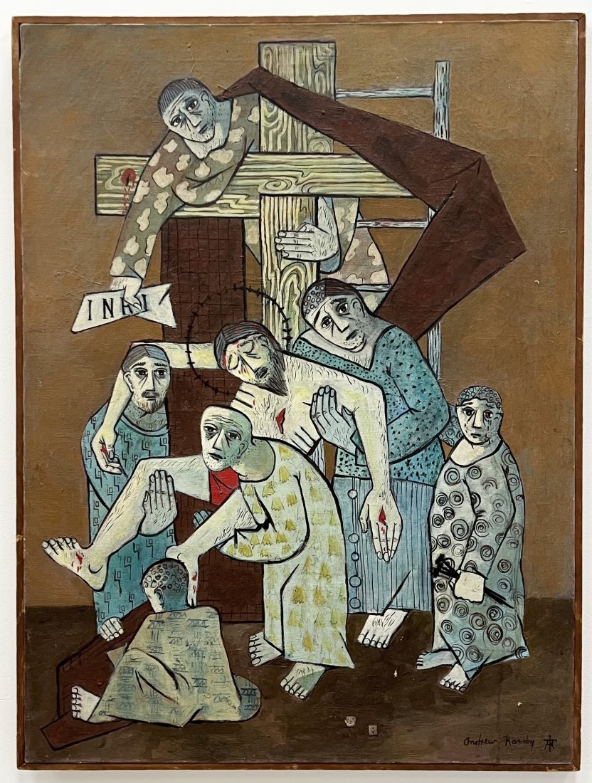 Mid-Century Russian Cubist Crucifixion Painting, Signed: Oil on canvas 51 x 38 1/4 in