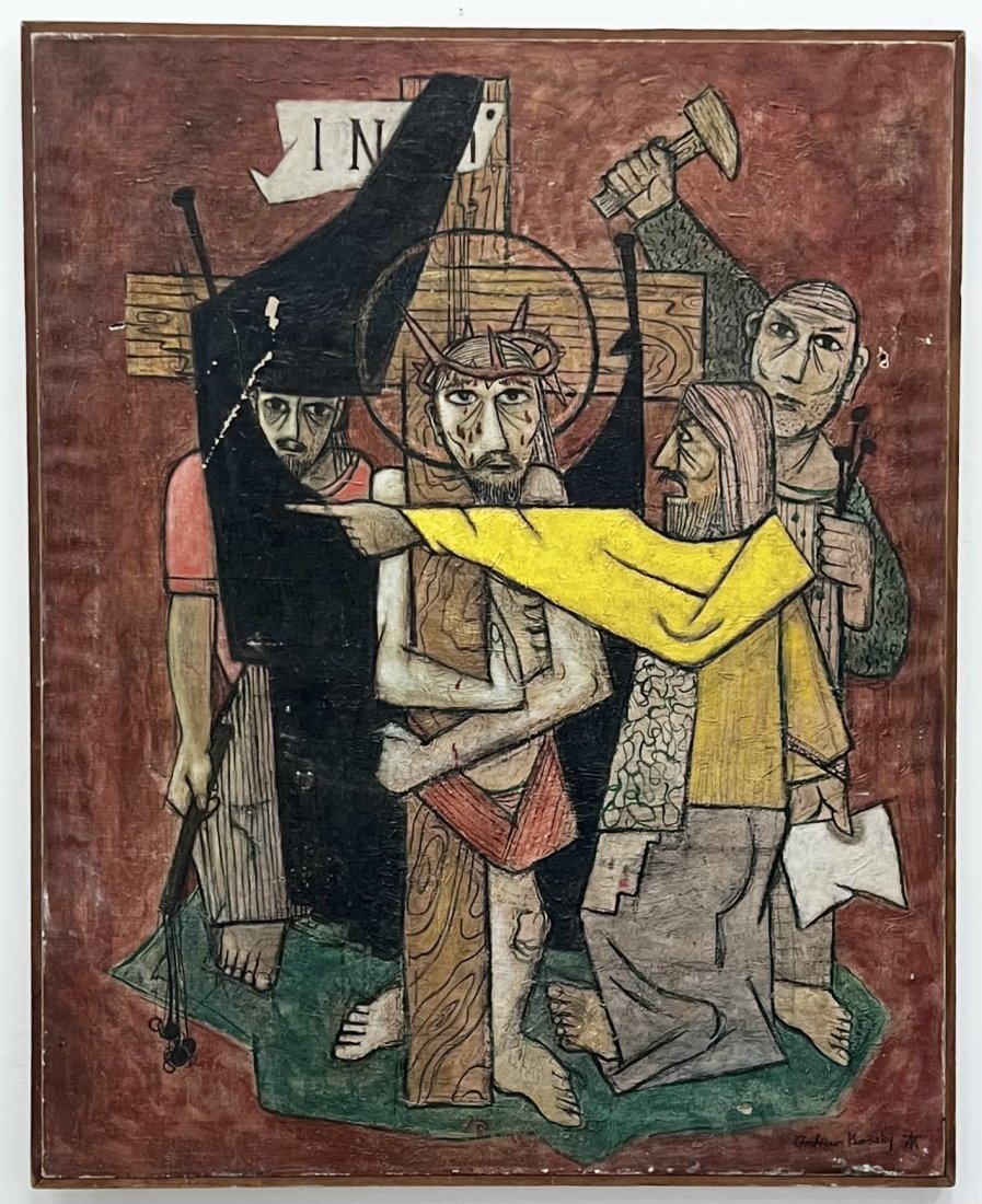 Mid-Century Russian Cubist Crucifixion Painting, Signed: Oil on canvas 50 x 40 in