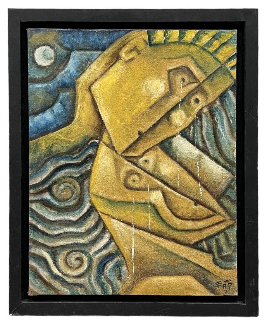 Mexican Cubist Folk Art Painting, Signed: Oil on canvas 15 1/4 x 12 in, 17 3/4 x 14 1/2 in (framed)