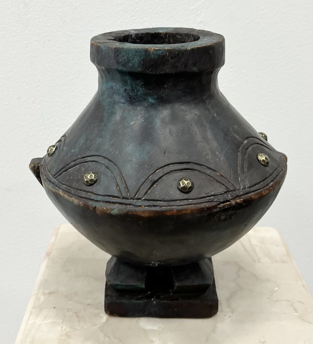 Antique Carved Wooden Inscribed Vase: 9 x 7 in