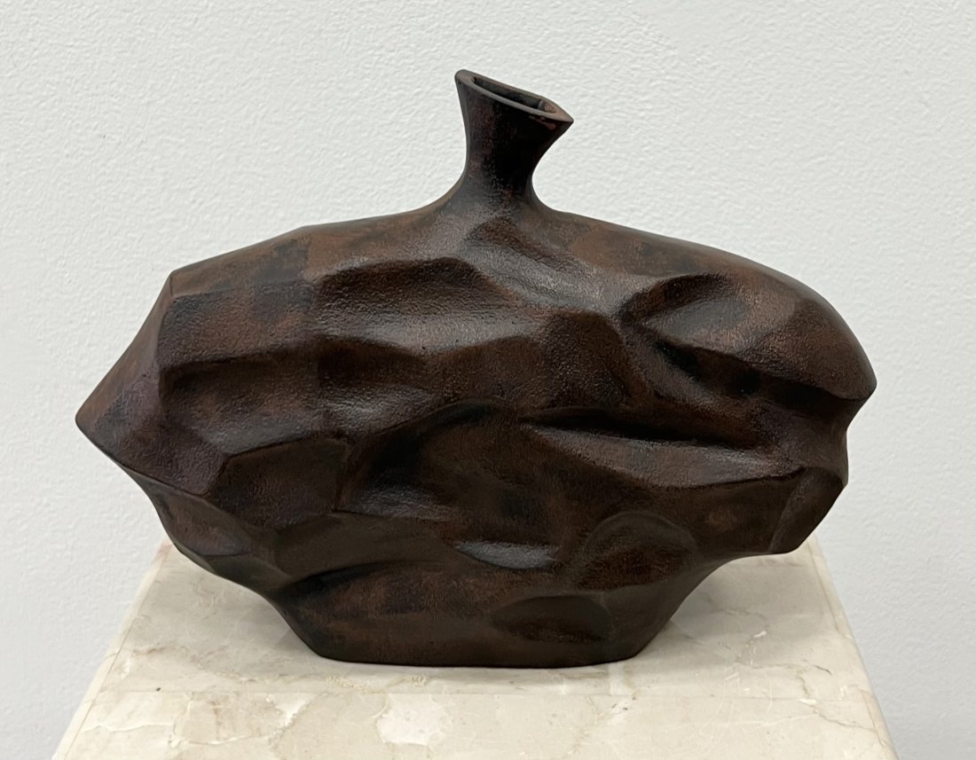 Contemporary Cubist Metal Bottle Sculpture: 10 x 7.5 x 3.5 in