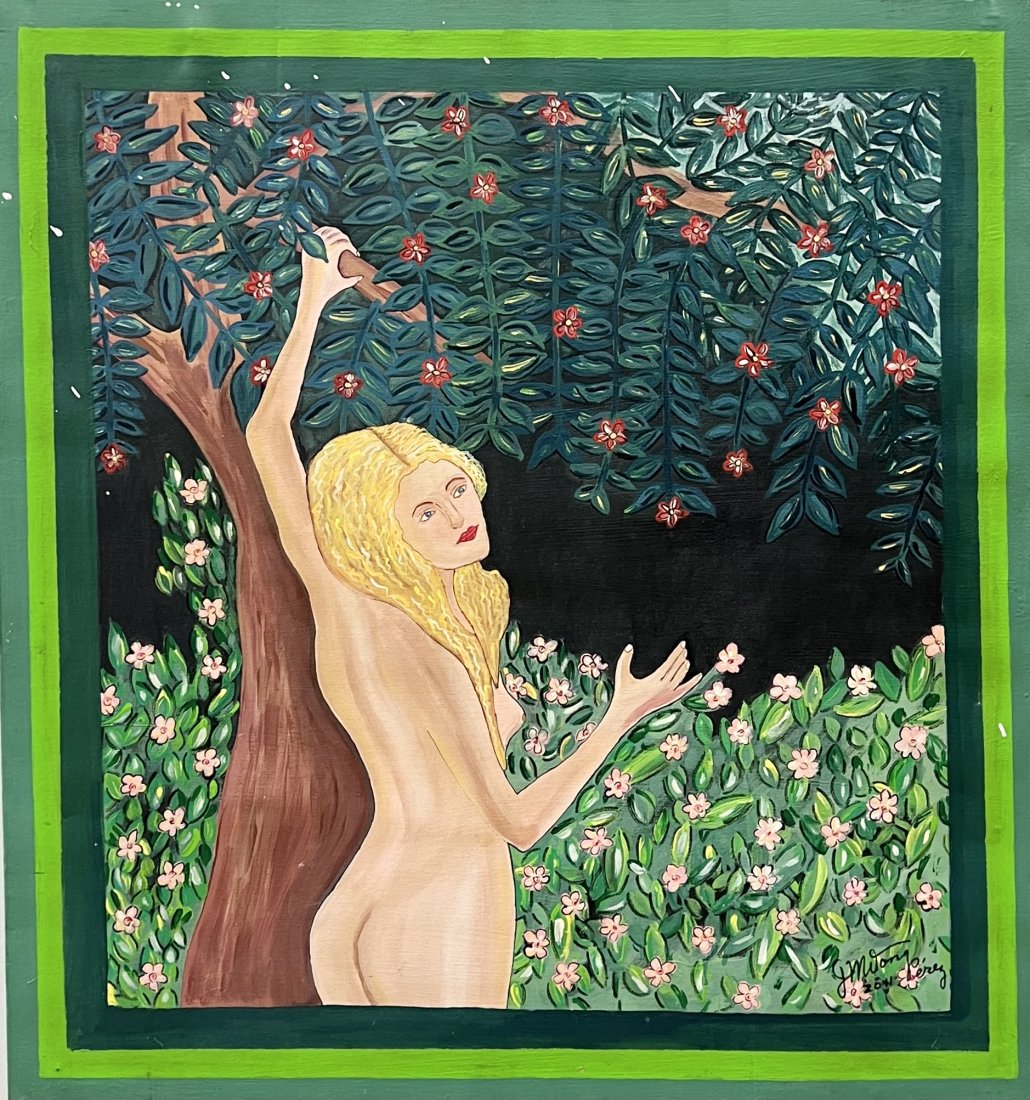 Haitian School Naive Nude Painting, Signed: Oil on canvas 37.5 x 35.5 in