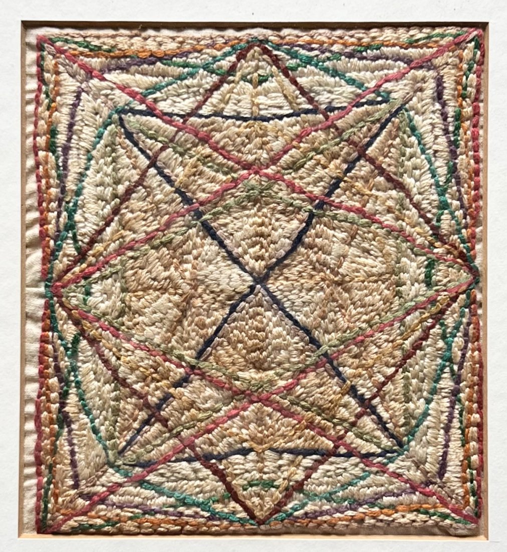 Early Modernist Textile Abstract Brewster Gallery NYC Label Verso, Unsigned: 4.5 x 5 in, 9.5 x 10 in (framed)