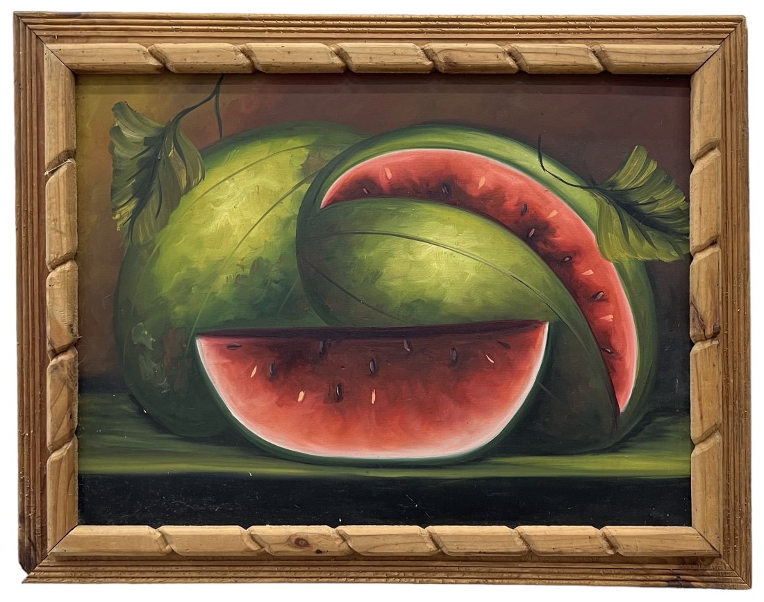 Vintage Haitian School Naive Still Life Of Watermelon, Unsigned: 32 x 24 in, 36 x 28 in (framed)