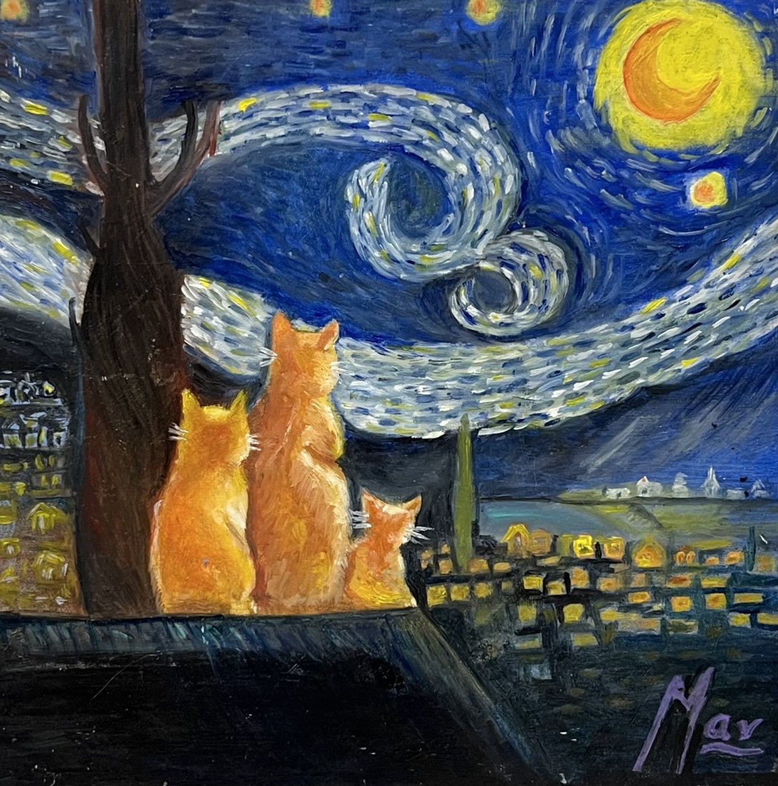 Mexican Painting Style Of Van Gogh, Cats , Signed: Oil on board 8 x 8 in