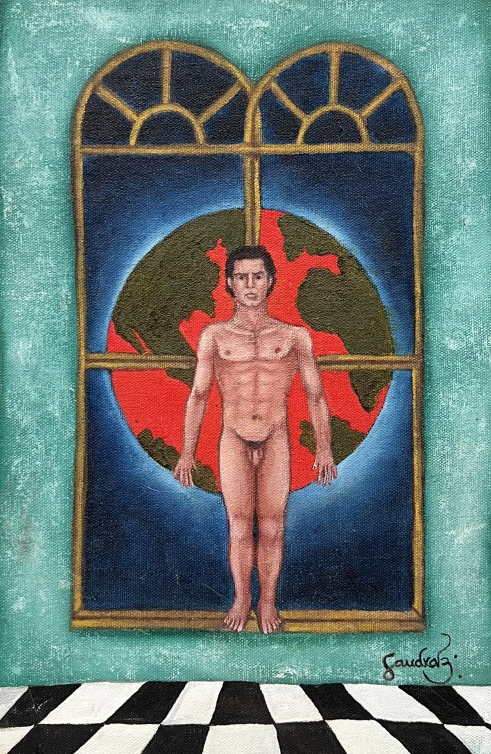 Mexican Folk Art Nude Male Abstract, Signed: Oil on canvas 16 x 11 in